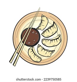 Dumplings pot sticker chinese food. Asian cuisine. Flatlay vector illustration