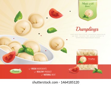 Dumplings ravioli manti advertising composition with realistic images dish tomatoes and pack shot with editable text vector illustration