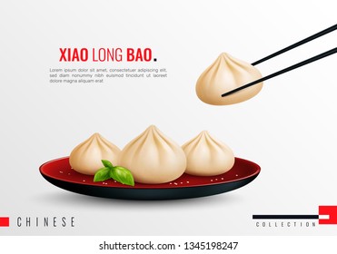 Dumplings ravioli manti colored and realistic composition with xiao long bao headline vector illustration