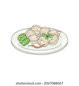Klammern, Fertiggericht auf Teller mit Gemüse, Vektorgrafik einzeln auf weißem Hintergrund. Klumpen oder Ravioli Mahlzeit traditionell für europäische und asiatische Küche.