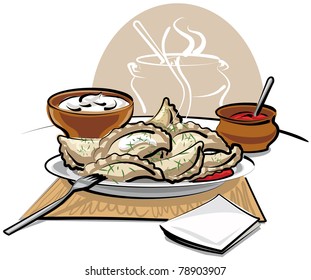 dumplings with sauce and sour cream