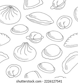 Dumplings seamless pattern background graphic food black white sketch illustration vector