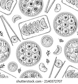 Dumplings seamless pattern. Hand drawn vector illustration. Food sketch background.