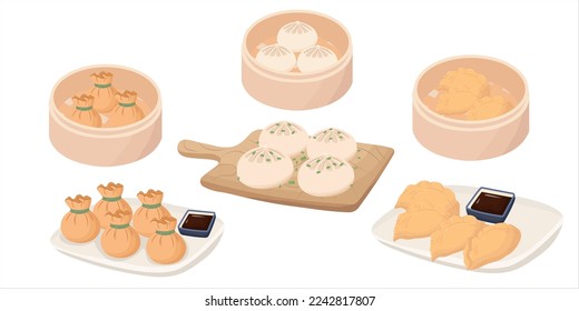 Dumplings set. Dim sum. Asian food vector.