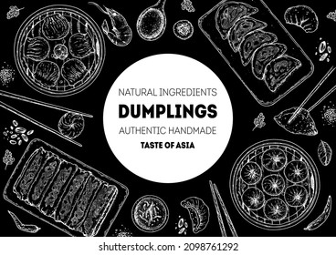 Dumplings top view frame. Food menu design template. Hand drawn vector illustration. Chinese dumplings. Vintage illustration. Hand drawn food sketch. Design template.