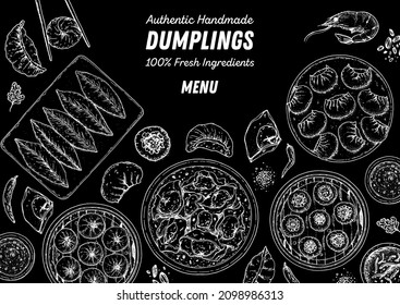 Dumplings top view frame. Food menu design template. Hand drawn vector illustration. Chinese dumplings. Vintage illustration. Hand drawn food sketch. Design template.