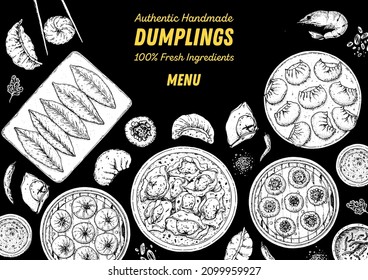 Dumplings top view frame. Food menu design template. Hand drawn vector illustration. Chinese dumplings. Vintage illustration. Hand drawn food sketch. Design template.