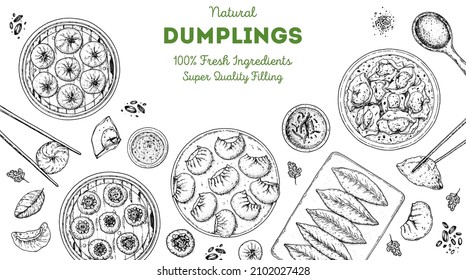 Dumplings top view frame. Food menu design template. Hand drawn vector illustration. Chinese dumplings. Vintage illustration. Hand drawn food sketch. Design template.