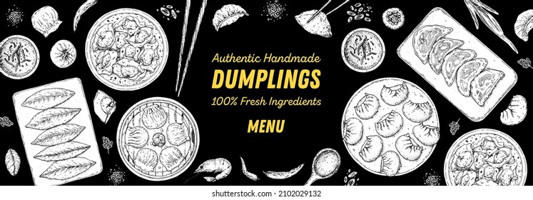 Dumplings top view frame. Food menu design template. Hand drawn vector illustration. Chinese dumplings. Vintage illustration. Hand drawn food sketch. Design template.