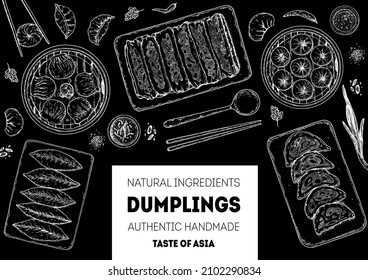 Dumplings top view frame. Food menu design template. Hand drawn vector illustration. Chinese dumplings. Vintage illustration. Hand drawn food sketch. Design template.