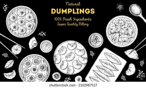 Dumplings top view frame. Food menu design template. Hand drawn vector illustration. Chinese dumplings. Vintage illustration. Hand drawn food sketch. Design template.