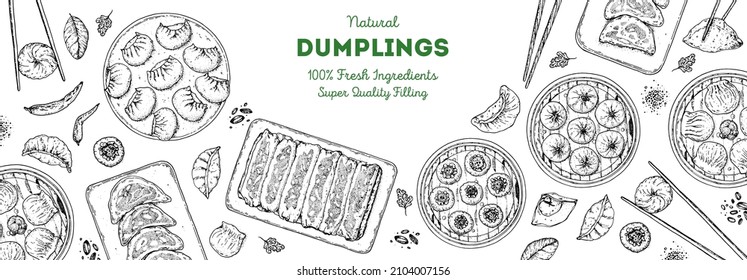 Dumplings top view frame. Food menu design template. Hand drawn vector illustration. Chinese dumplings. Vintage illustration. Hand drawn food sketch. Design template.