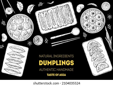 Dumplings top view frame. Food menu design template. Hand drawn vector illustration. Chinese dumplings. Vintage illustration. Hand drawn food sketch. Design template.