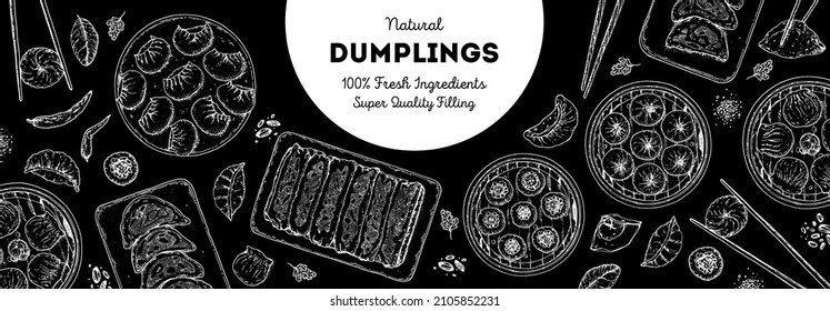 Dumplings top view frame. Food menu design template. Hand drawn vector illustration. Chinese dumplings. Vintage illustration. Hand drawn food sketch. Design template.