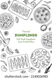 Dumplings top view frame. Food menu design template. Hand drawn vector illustration. Chinese dumplings. Vintage illustration. Hand drawn food sketch. Design template.