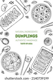 Dumplings top view frame. Food menu design template. Hand drawn vector illustration. Chinese dumplings. Vintage illustration. Hand drawn food sketch. Design template.