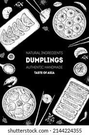 Dumplings top view frame. Food menu design template. Hand drawn vector illustration. Chinese dumplings. Vintage illustration. Hand drawn food sketch. Design template.
