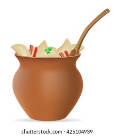 dumplings vareniki of dough with a filling and greens in clay pot vector illustration isolated on white background