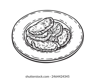 Dumplings vareniki in a plate. Hand drawn vector illustration, sketch on a white background.