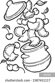Dumplings, vareniki in a pot. Cherry jam. Ink hand drawing. Black and white.Food, vegetables and fruit isolated on white background. Book illustration, recipe, menu, magazine or journal article.