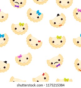 Dumplings varenyky, pelmeni with funny baby faces seamless pattern. Dumplings on white background. Eastern european cuisine. hand drawn illustration seamless pattern.
