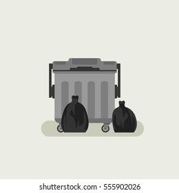 Dumpster with black garbage bags in flat style.