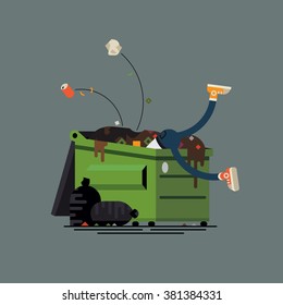 Dumpster diving funny vector illustration. Binner person salvaging things and items sifting through commercial or residential waste container, isolated.