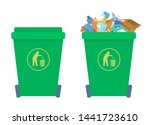 A dumpster filled with trash. Trash bin closed with a lid. Plastic bottles, boxes, cans. Icon of a person throwing garbage on the container. Vector illustration isolated on white background.