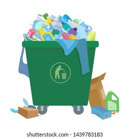 A dumpster filled with trash. Textiles, plastic bottles, boxes, cans, used clothing. Icon of a person throwing garbage on the container. Vector illustration isolated on white background.