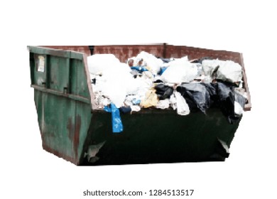 Dumpster full garbage. Isolated on white background. Vector colorful illustration. Halftone style.