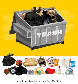 Dumpster Full Of Garbage With Trash Digging - Vector Illustration