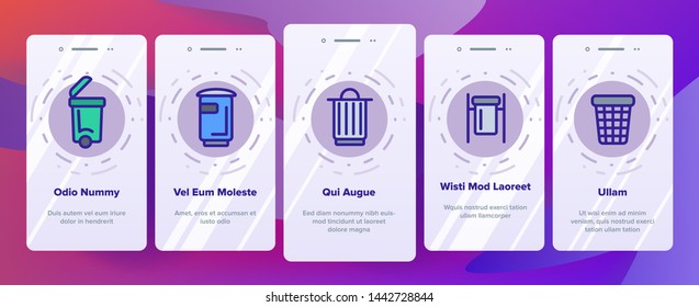 Dumpster, Garbage Container Onboarding Mobile App Page Screen Vector. Dumpster, Trash Illustrations. Litter Recycling Factory. Plastic Dustbins, Metal Containers. Baskets for Waste Separating