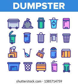 Dumpster, Garbage Container Thin Line Icons Set. Dumpster, Trash Collecting Equipment Linear Illustrations. Litter Recycling Factory. Plastic Dustbins, Metal Containers. Baskets for Waste Separating