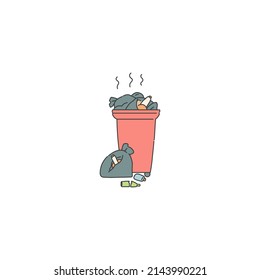 dumpster with garbage and waste. Vector contour line doodle illustration problem ecology and environmental pollution.