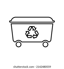 Dumpster line icon. Big movable garbage or waste container with recycling sign. Vector Illustration