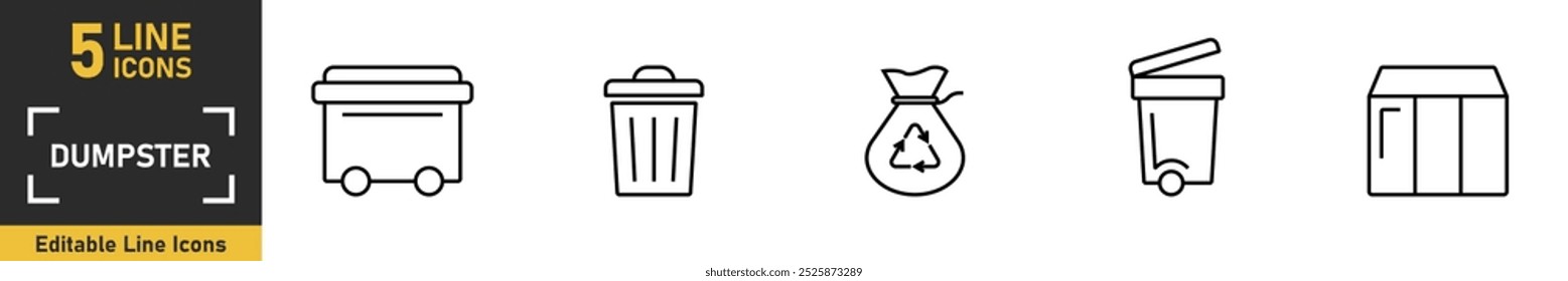 Dumpster line icon set. Set of 5 outline icons related to dumpster, trash bags, recycling, trash cans and more. Vector illustration.