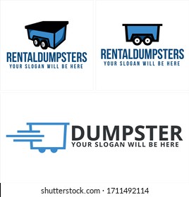 Dumpster Logo Line Vector Blue Container Wheel Symbol Fast Delivery Suitable For Industrial Rental Dumpster Business Company Service Speed