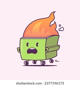 Dumpster on fire. Cartoon kawaii character vector illustration