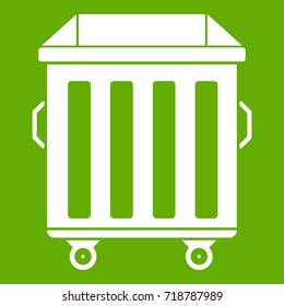 Dumpster on wheels icon white isolated on green background. Vector illustration
