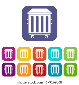 Dumpster on wheels icons set vector illustration in flat style In colors red, blue, green and other