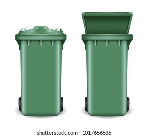 Dumpster in open and closed condition. Trash can on wheels. Green recycling bin bucket for trash. Realistic vector illustration isolated on white background