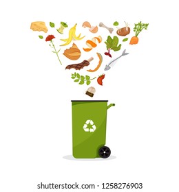 Dumpster with products flying into it. Cartoon food garbage. Illustration for food processing and compost, organic waste, zero waste theme. Flat icons, vector design. Environmentally friendly food.