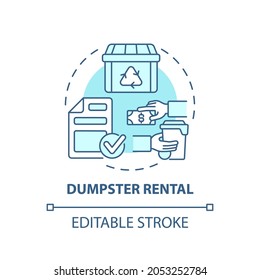 Dumpster Rental Blue Concept Icon. Waste Management Service Abstract Idea Thin Line Illustration. Roll Off Dumpster. Trash Container. Vector Isolated Outline Color Drawing. Editable Stroke