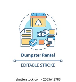 Dumpster Rental Concept Icon. Waste Management Service Abstract Idea Thin Line Illustration. Roll Off Dumpster. Trash Container. Vector Isolated Outline Color Drawing. Editable Stroke