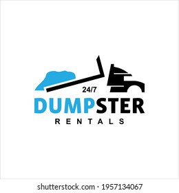 Dumpster Rental Logo Line Vector Blue, Container Truck Symbol Fast Delivery Suitable For Industrial Or Business Company Service Template