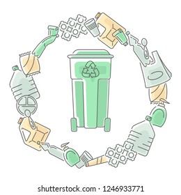 Dumpster surrounded by garbage. Contour and fill style vector illustration