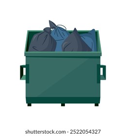 Dumpster with trash bags inside. Movable green waste container full of garbage. Vector illustration isolated on a white background in cartoon style.
