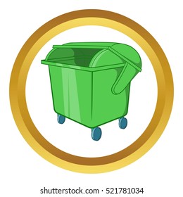 Dumpster vector icon in golden circle, cartoon style isolated on white background