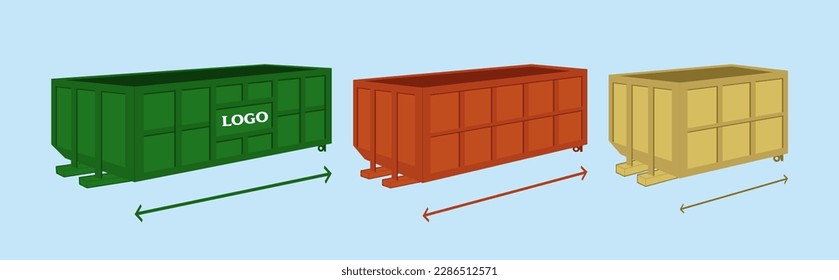 Dumpster vector illustration. Three different-sized isolated containers in various colors 