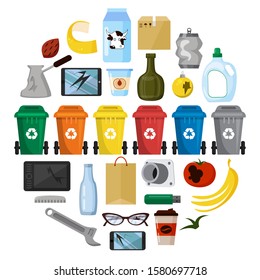 Dumpsters and and waste types: organic, plastic, metal, glass, paper, e-waste. Set of isolated icon on white background. Sorting, separation and recycling. Flat cartoon vector illustration